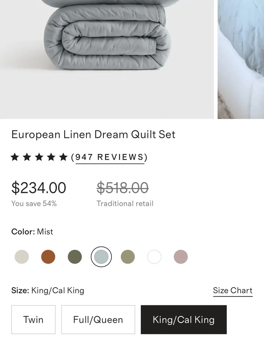 New Quince KING European Linen Dream Quilt Set MIST $234